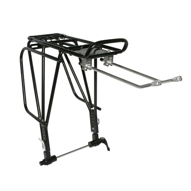 Porte-bagages vélo arrière à tringles alu réglable fixation sur moyeu axe creux et compatible frein 