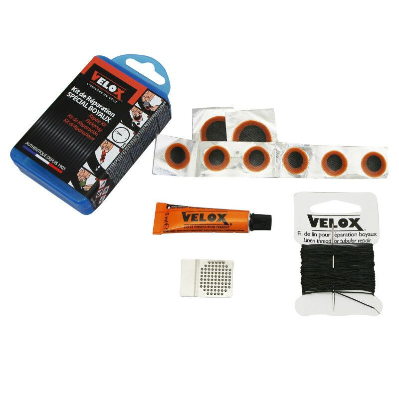 Kit de réparation boyaux - boîte 6 patchs 15mm + 2 patchs 25mm + colle 5g + rape acier avec notice V